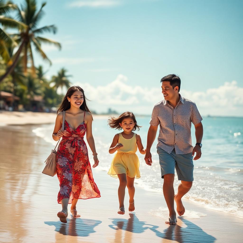 A happy family laughing together on a sunny beach holiday